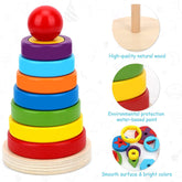Wooden Rainbow Rings Tower - Geometric Shape Recognition, Sorting, Stacking and Plugging